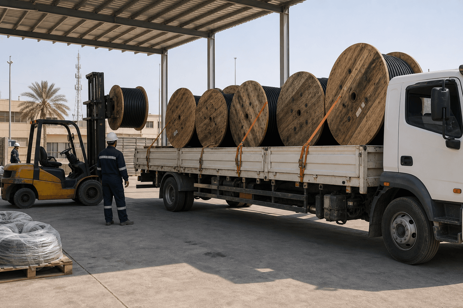 Cable reels secured on a truck in an organized loading area
