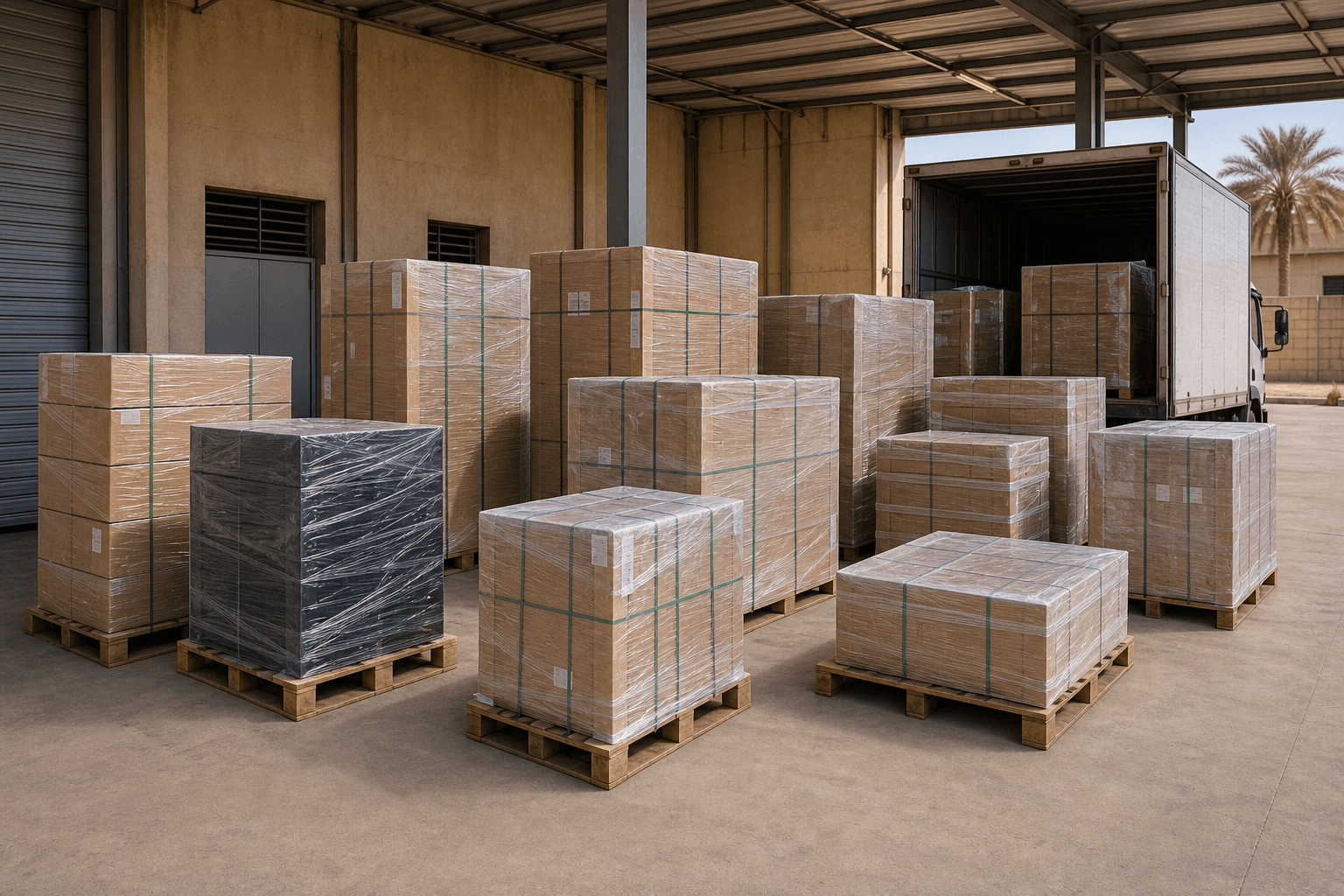 Packaged and wrapped project materials arranged on pallets in a covered loading area