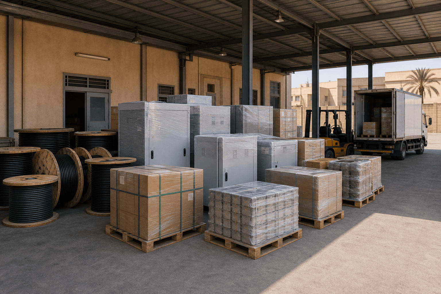 Organized supply area with electrical cabinets, cable materials, and packaged components