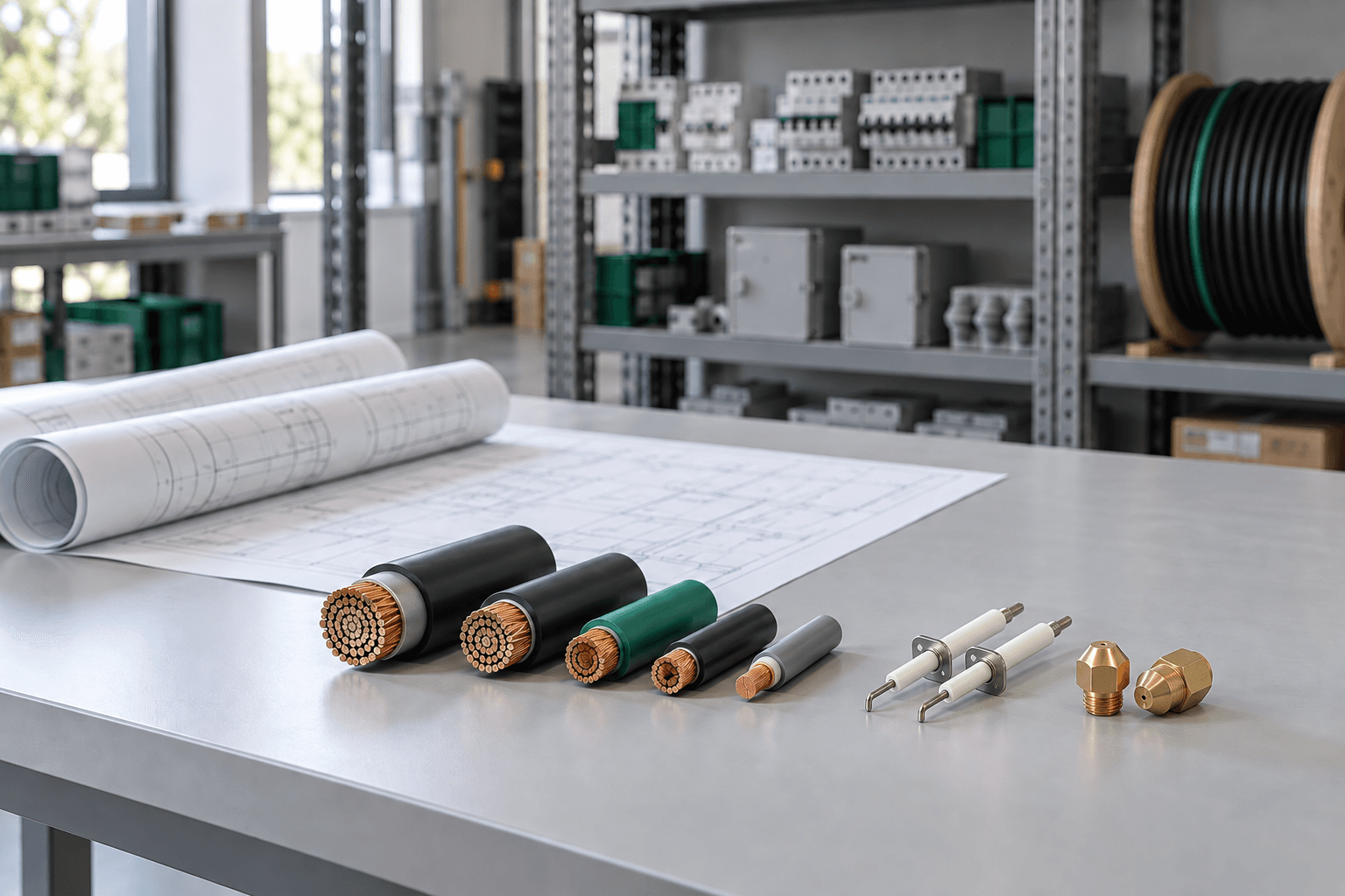 Representative technical plans, cable samples, burner ignition electrodes and nozzles on a specification review desk