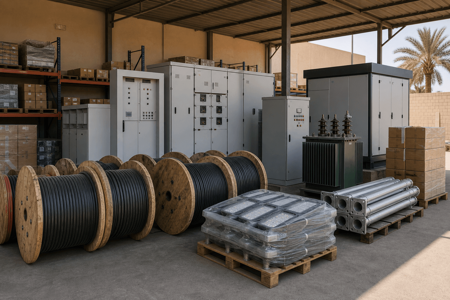 Electrical supply environment with cable reels, switchgear, transformers, and lighting equipment