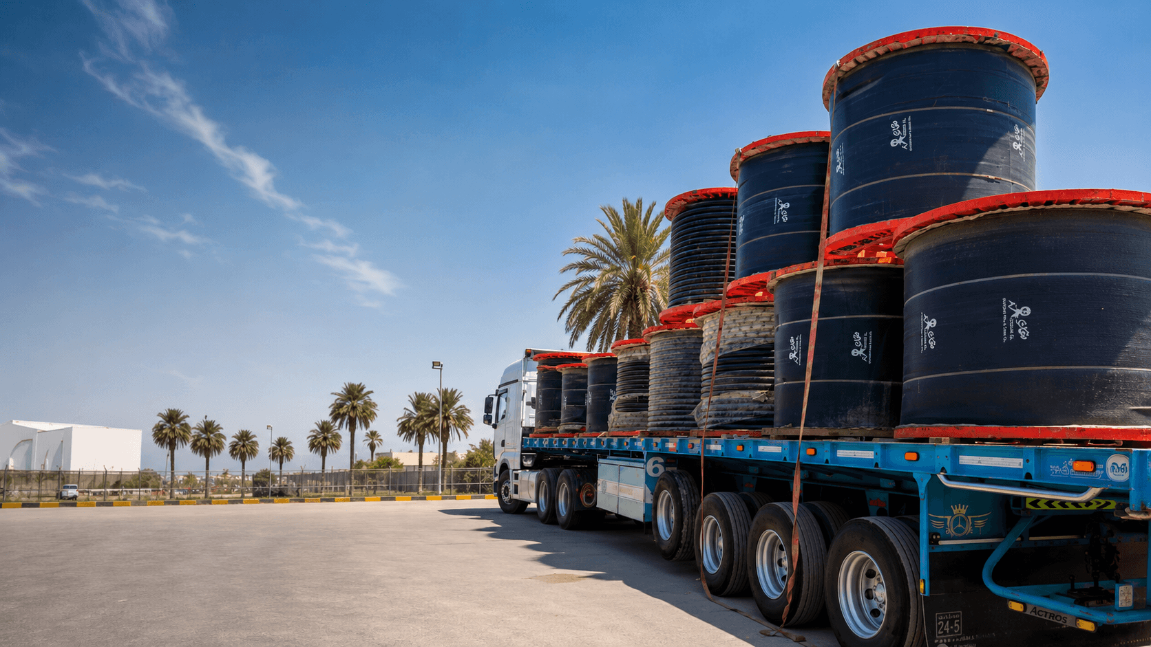Truck loaded with electrical cable reels for project supply