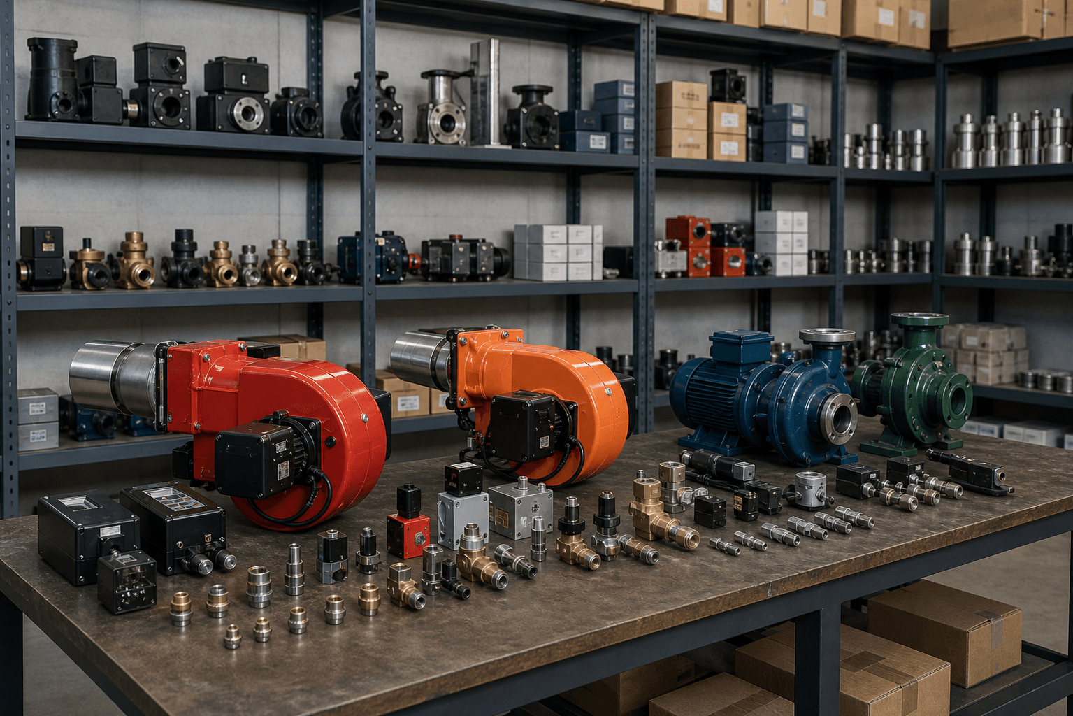 Industrial equipment display with burners, pumps, valves, nozzles, and control components