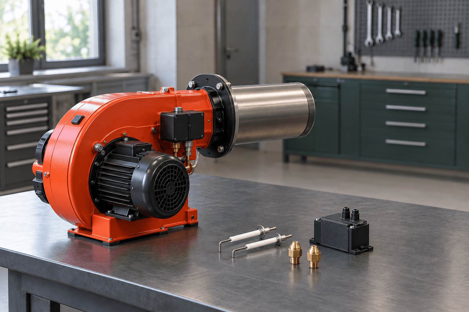 Representative industrial burner with ignition electrodes, nozzles and an ignition module